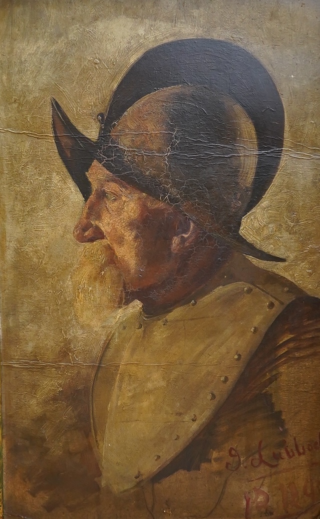 J.Lull.. after Rembrandt, oil on panel, study of a man in a golden helmet, indistinctly signed, 65x38cm. Condition - good